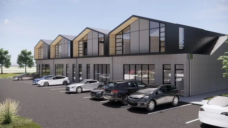 Render of the Commerce Place offices: two storeys of dark brick with timber-lined gable ends, above an angled carpark