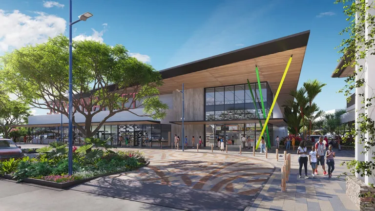 Render of the Pacific Town Centre supermarket entrance: a timber-lined canopy with coloured blade features and shoppers on the forecourt