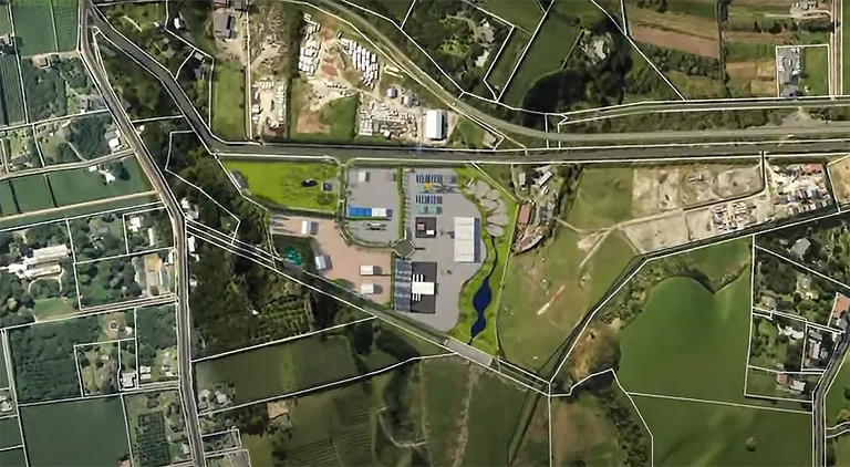 Aerial view of Te Puna Business Park with the site boundary and lot layout overlaid on the surrounding rural land