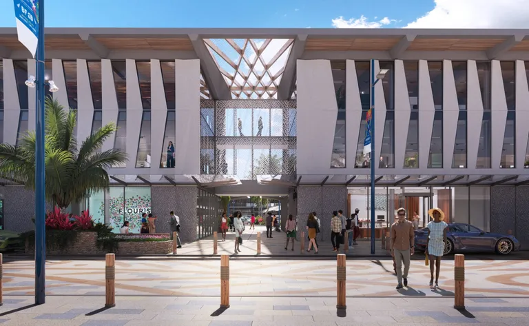 Render of the Pacific Town Centre retail frontage: angled concrete fins either side of a glazed atrium entrance, shoppers on the street