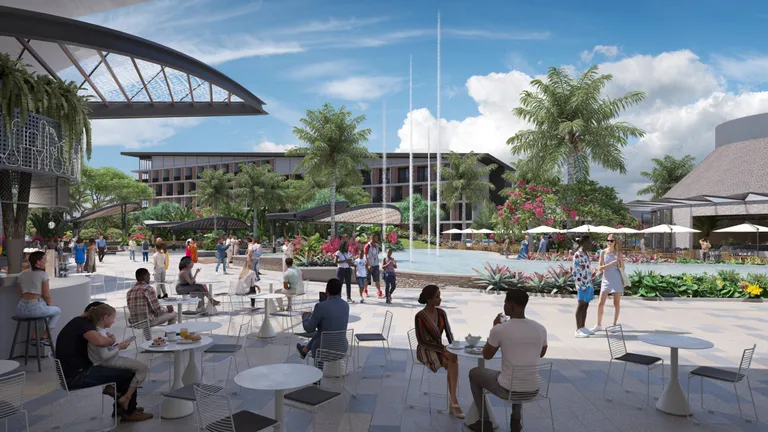 Render of the Pacific Town Centre plaza: cafe tables looking across a water feature to a low hotel building framed by palms