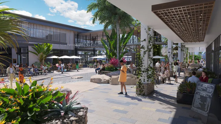 Render of the Pacific Town Centre dining courtyard: shaded seating, boulder planters and cafe tables under a timber pergola